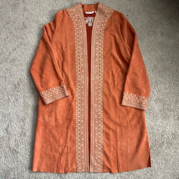 Soft Surroundings Jacket Womens XL Orange Long Embroidered Boho Festival Sueded - Picture 5 of 8